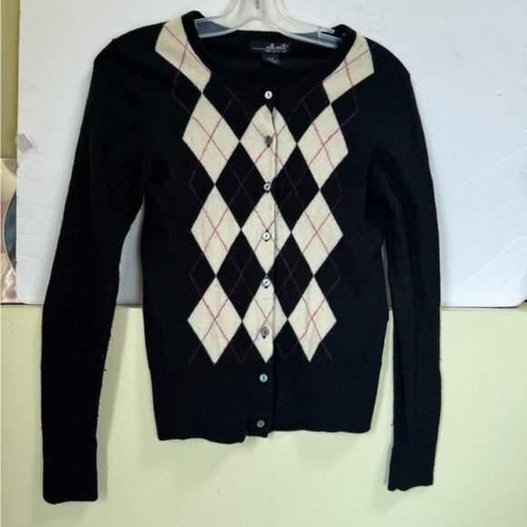 Willi Smith Vintage Y2K 100% Merino Wool Argyle Cardigan Sweater Preppy Minimal - Picture 5 of 15